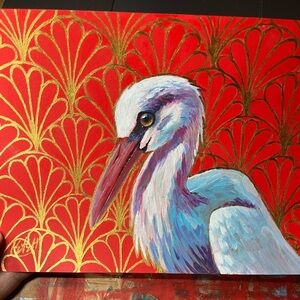 Original Stork painting art deco realism contemporary surreal handmade Artettina